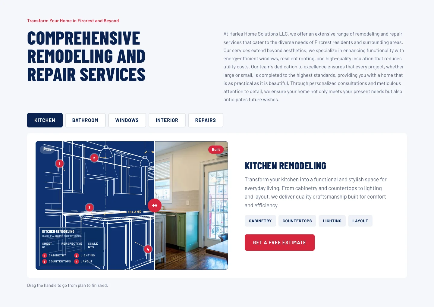 The rebuilt services section: tabs for Kitchen, Bathroom, Windows, Interior and Repairs, and a draggable panel showing a hand-drawn blue architectural plan of a kitchen on one side and the finished photograph on the other, with numbered callouts for cabinetry, lighting, countertops and layout.