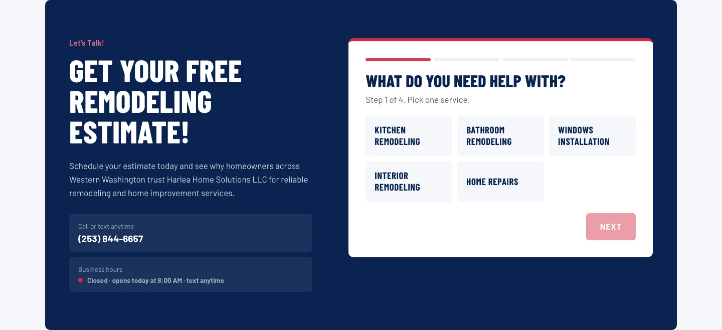 The rebuilt estimate section: a four-step progress bar, the question What do you need help with, five service buttons to choose from, and alongside it the phone number and live business hours.