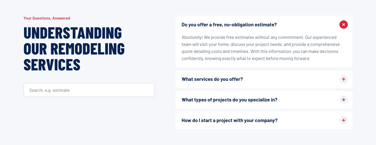 The rebuilt FAQ: the heading with a search box reading Search, for example estimate, beside a column of questions with the first one expanded.