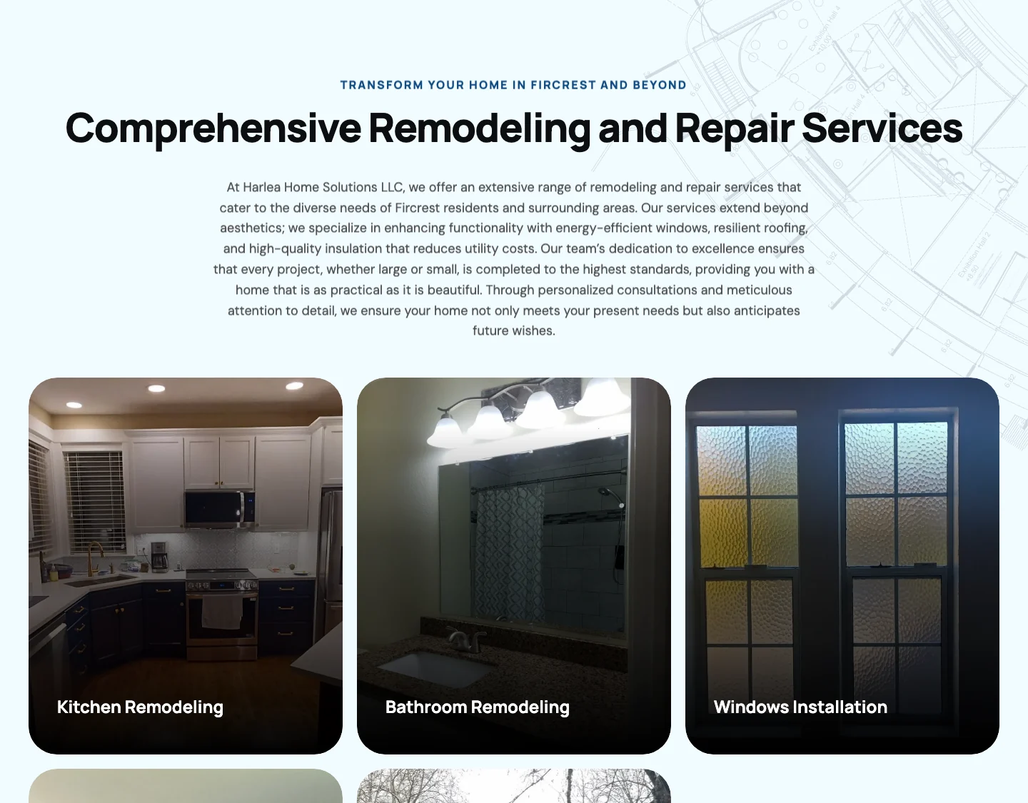 The original services section: a centered heading, a long paragraph, and a grid of five dark, underlit photographs of finished jobs labeled Kitchen Remodeling, Bathroom Remodeling and Windows Installation.