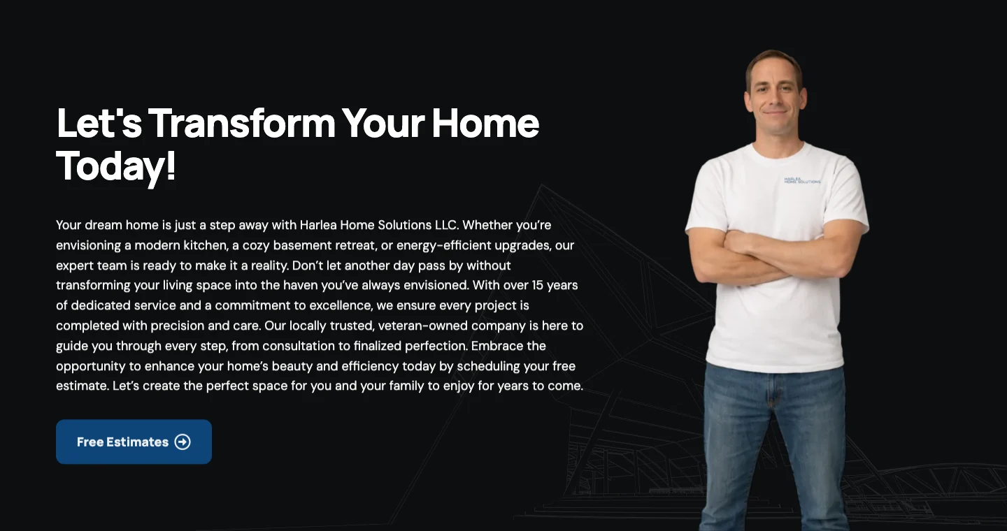 The original call-to-action: a black band with a long paragraph of text, a Free Estimates button, and a cut-out photograph of the owner standing with his arms folded.