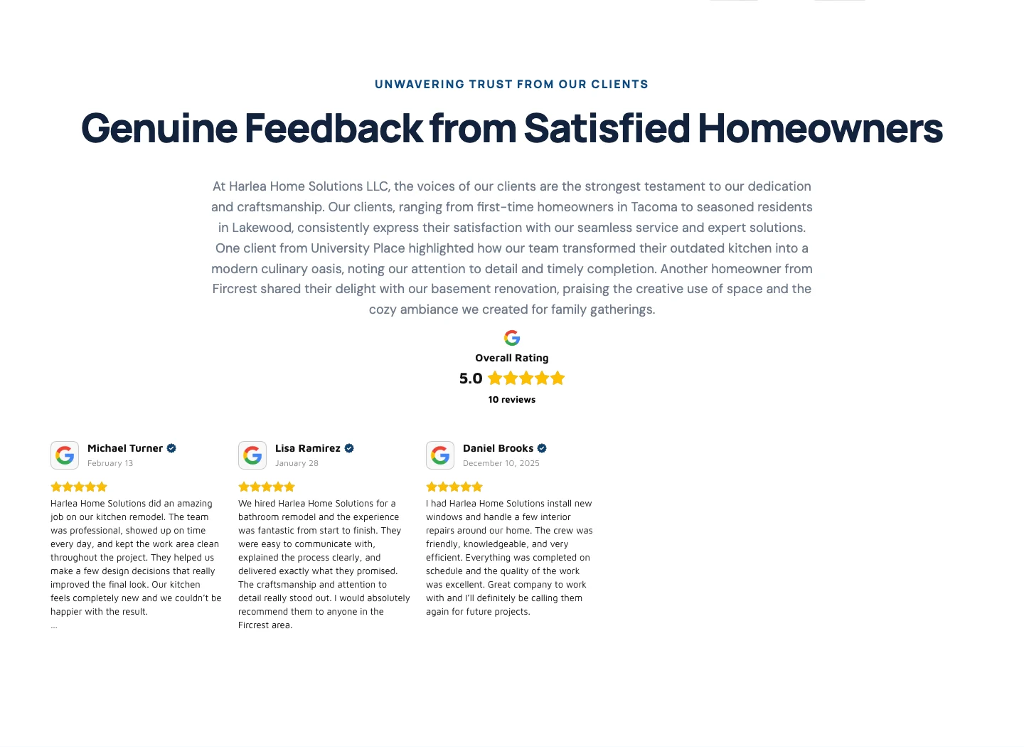 The original reviews section: a heading, a long centered paragraph, a Google five-point-zero rating badge with ten reviews, and three review cards from named customers with dates and full written testimonials.