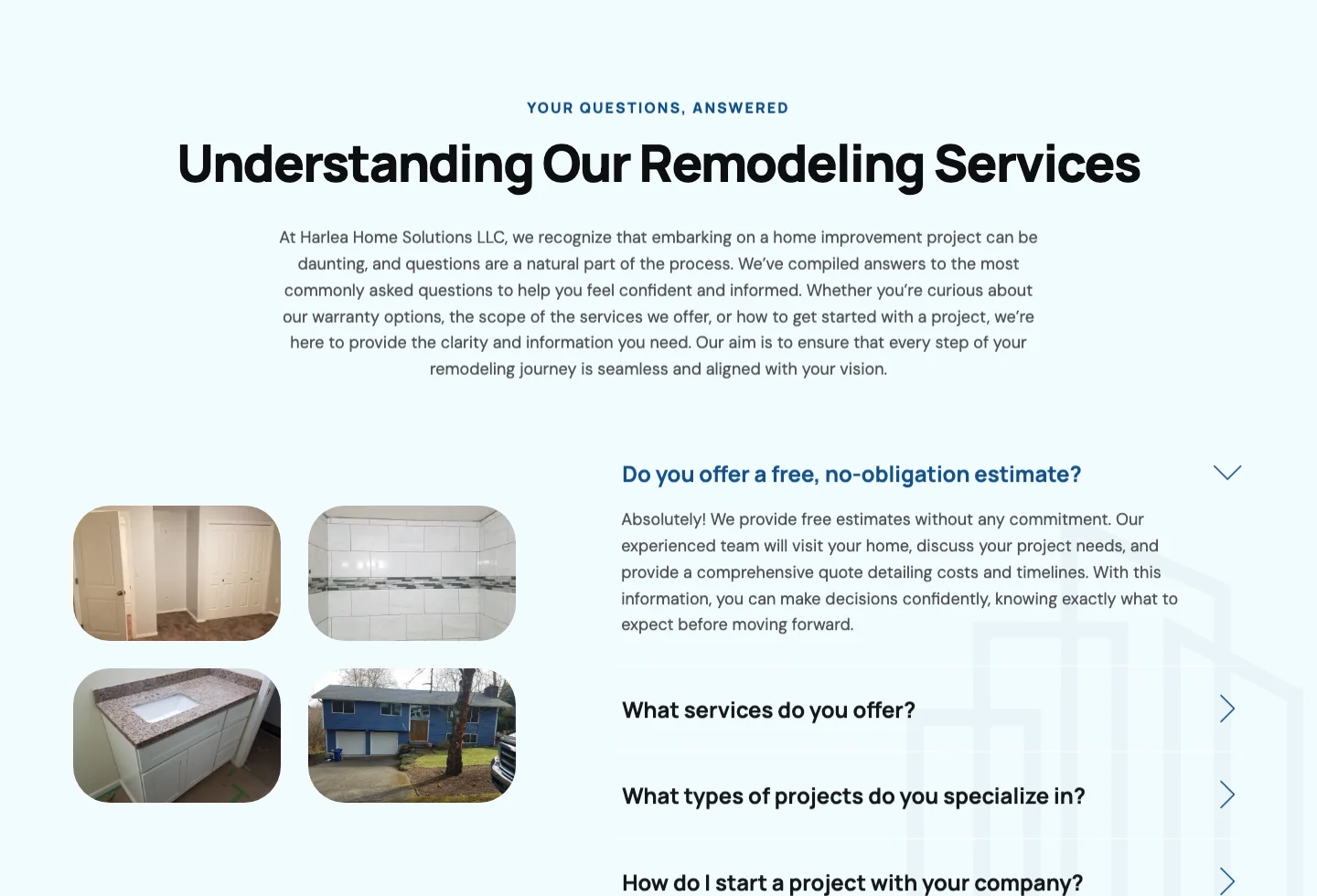The original FAQ: a heading, a ninety-word preamble, a collage of four small job photographs on the left, and a column of collapsed questions on the right.
